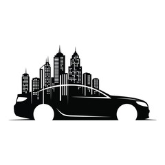 City skyline silhouette within a car shape isolated on white background, symbolizing urban mobility and automotive design in a sleek black and white vector