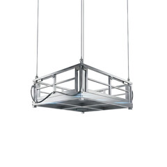 Silver Elevated Platform Hanging from Wires Against a Black Background with Subtle Reflections