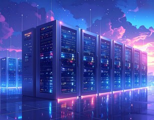 Futuristic data center bathed in neon light against a twilight sky