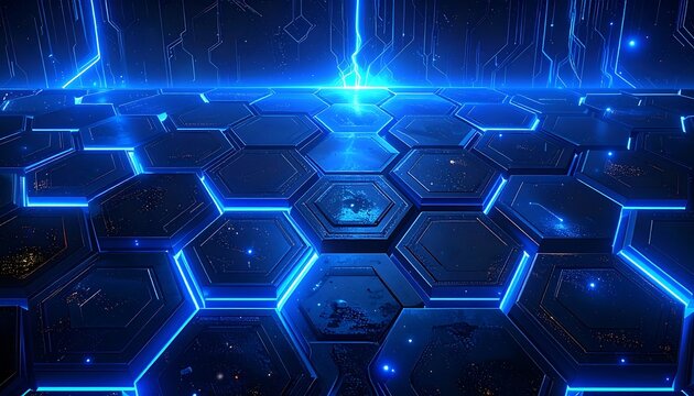 Futuristic digital scene with hexagonal floor, glowing blue light - Powered by Adobe