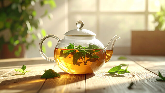 Glass teapot with herbal tea fresh leaves on wooden table morning light beverage drink