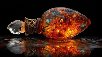 Premium still-life of crystal-cap perfume, orange-gold liquid matching metal reflection, dark set lighting, razor center, creamy bokeh for billboard print