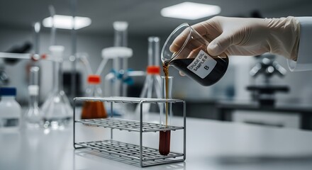 Scientist in a laboratory pouring a dark chemical from a beaker into a test tube during an experiment.