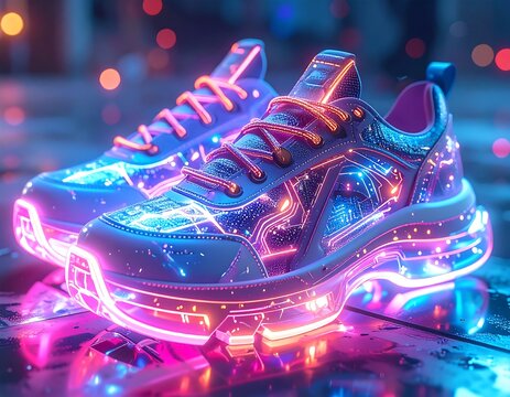 Futuristic sneakers with glowing neon circuitry and vibrant colors