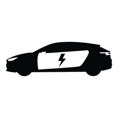 Sleek electric car silhouette with lightning bolt symbol, representing sustainable transportation and innovation isolated on white background