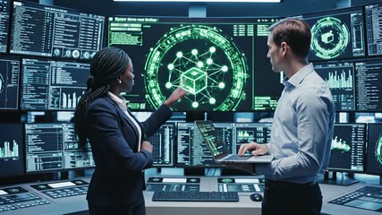 A man and woman collaborating in front of a large computer screen, showcasing seamless integration between human expertise and digital innovation, representing teamwork, efficiency.
