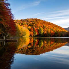 Obraz premium Autumn Forest Reflected in Calm Lake at Sunrise