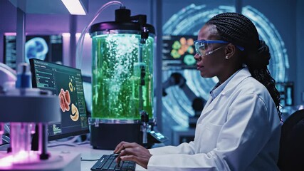 Woman in lab coat sits at computer overlooking aquarium, embodying innovation and scientific inquiry, perfect for conveying themes of discovery, experimentation, and breakthroughs in laboratory.