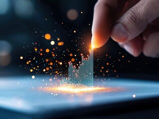 A person's fingertip touches the peak of a glowing digital bar graph, surrounded by sparks and blurred lights.