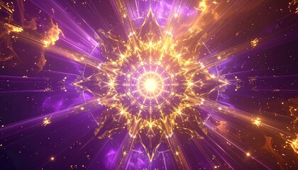 Glowing golden mandala radiating energy in cosmic purple and orange hues