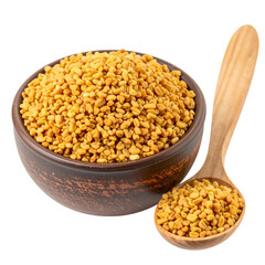 Firefly_Dried fenugreek seeds in a bowl and spoon on white or transparent background