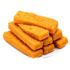 Fish sticks fried on white plate isolated on white and transparent background