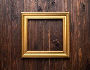 Golden, square-shaped ornate picture frame centered on rich, dark wood grain
