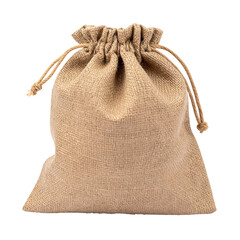 Front view of empty burlap drawstring gift bag isolated on white background