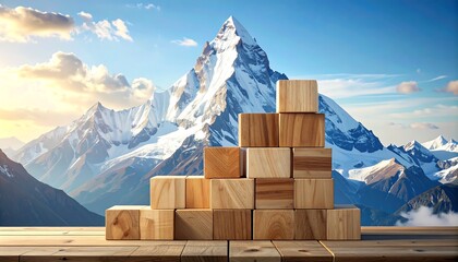 Wooden Blocks Stacked Against a Mountain Backdrop Symbolizing Success.