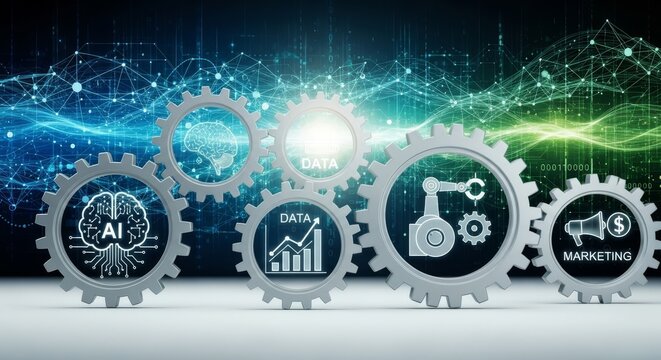 Interconnected technology gears with business analytics icons, performance metrics, and operational symbols on digital surface representing integrated business operations, automated workflows, synchro