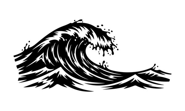 Dynamic stylized ocean wave cresting with powerful water splashes, rendered as a monochrome vector illustration showcasing the raw force of nature and marine energy