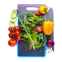 Glowing neon cutting board with veggies isolated on white background