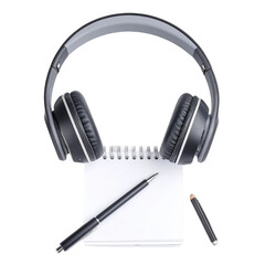 headphones and notes on white and transparent background
