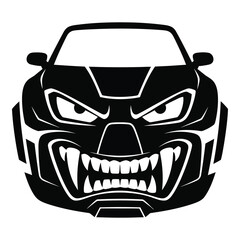 Illustration of a black car with an angry face isolated on white background, showcasing its aggressive design and menacing appearance in a vector format