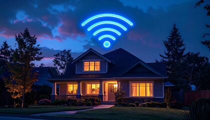 Illuminated wireless symbol floating above a lit suburban home at dusk