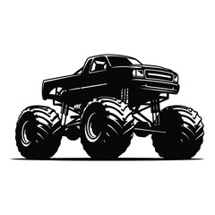 A bold black monster truck, isolated on white background, stands tall with massive tires, showcasing its powerful presence and rugged design for offroad adventures