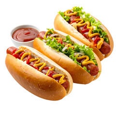 Hot dogs with different toppings isolated on white background