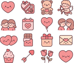 A set of funny cartoon heart icons for baby, child, or wedding design, featuring pink pig and flower vector illustrations for a fun Valentine's Day card pattern.