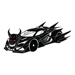 Aggressive black silhouette of a sports car with devilish features and sharp spikes isolated on white background