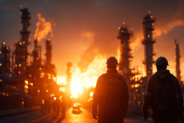 Fototapeta premium silhouette of oil and gas workers in PPE, refinery background at sunset. warm tones, professional poster backdrop