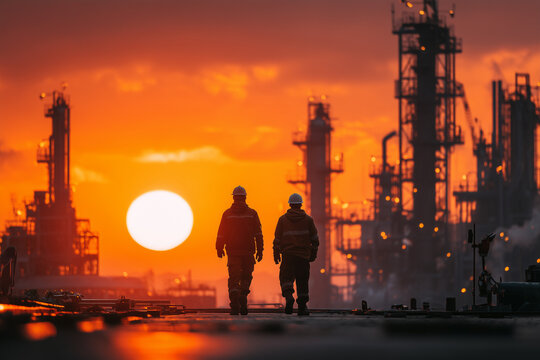 silhouette of oil and gas workers in PPE, refinery background at sunset. warm tones, professional poster backdrop