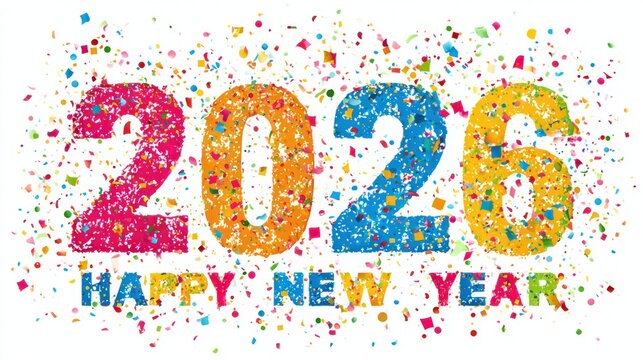 2026 Happy New Year banner with colorful confetti and logo text