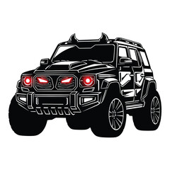 A black offroad suv with red headlights isolated on white background, featuring a rugged design and imposing presence for adventurous exploration