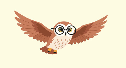 Obraz premium A charming illustration features a wise, cartoon-style owl with round glasses soaring gracefully with outstretched wings against a light background.