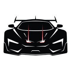 Aggressive black sports car front view with glowing red accents isolated on white background, highlighting its menacing design and powerful presence