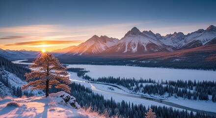 Serene winter landscape with snow-covered mountains illuminated by a radiant sunrise creating a