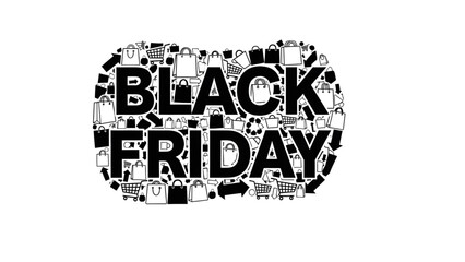 Obraz premium Creative Black Friday Typography Filled with E-commerce Symbols Bold Black Friday Text Art with Embedded Shopping Elements
