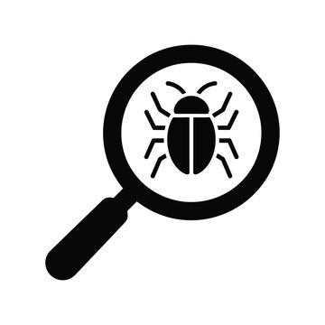 Magnifying Glass and Bug Icon. Black Glyph for Debugging, Inspection, Virus Scan, Computer Error, and Troubleshooting.
