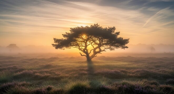 Solitary tree basks in the ethereal glow of a foggy sunrise in a serene landscape