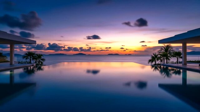 Serene sunset view over an infinity pool, surrounded by palm trees