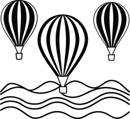 Black and white hot air balloons above wavy lines design
