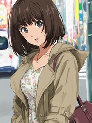 Obraz premium Anime Girl in Floral Dress on City Street – Modern Urban Illustration