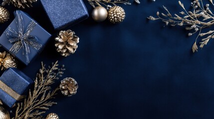 Opulent navy blue Christmas background with velvet texture gifts and gold pine cones, Luxury holiday flat lay: dark blue and champagne gold decorations with copy space