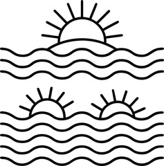 Minimalist Ocean Sunset Icon with Waves and Rising Suns Vector Art