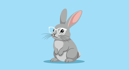 A cute grey cartoon rabbit wearing stylish white glasses sits against a solid light blue background, looking intelligent and charming.