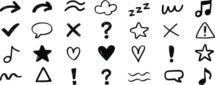 HandDrawn Doodle Set Arrows, Cloud, Sleep, Question Marks, Star, Hearts, Musical Notes, Shapes
