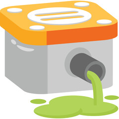 Isometric illustration of a square industrial pump with an orange top dispensing green liquid onto a white background