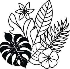 Monochrome tropical foliage and flowers minimalist design exotic plants pattern
