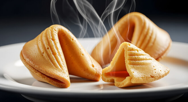 Steaming fortune cookies on white plate with dark background  