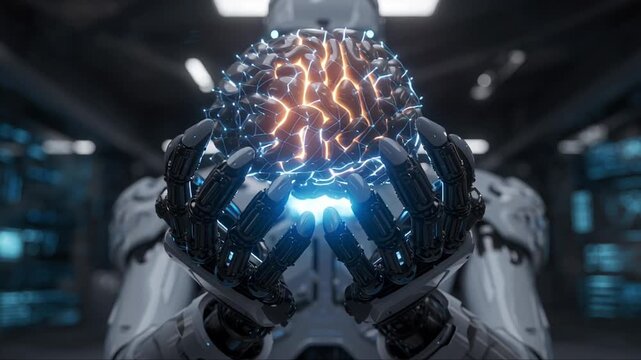 Humanoid robot holding glowing human brain model with connected neural network pattern. Concept of AI, machine learning and digital intelligence - Powered by Adobe